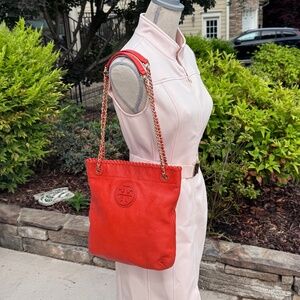 Tory Burch Rare MARION Leather Book Bag with Chain Orange